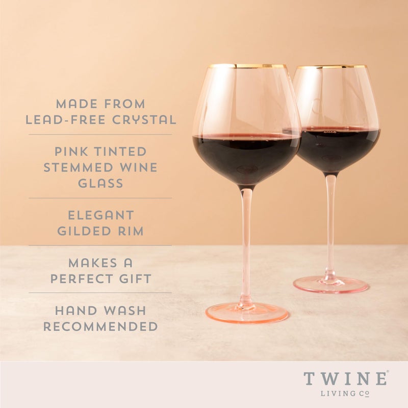 Twine Rose Red Wine Glasses, Lead-Free Crystal, Pink Tinted Wine Glasses with Gold Rim, Long Stem Glassware Set for Wedding, Housewarming, Anniversary, Birthday Gifts, Home Bar, 20 oz, Set of 2 - Image 2
